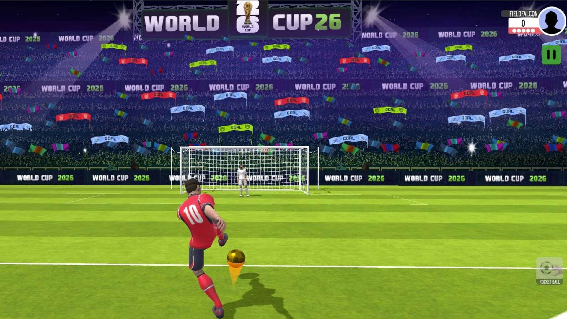 Penalty Shooter: Soccer Cup 2026 — the run-up: charging toward a golden special ball before striking the spot kick in a packed Soccer Cup stadium