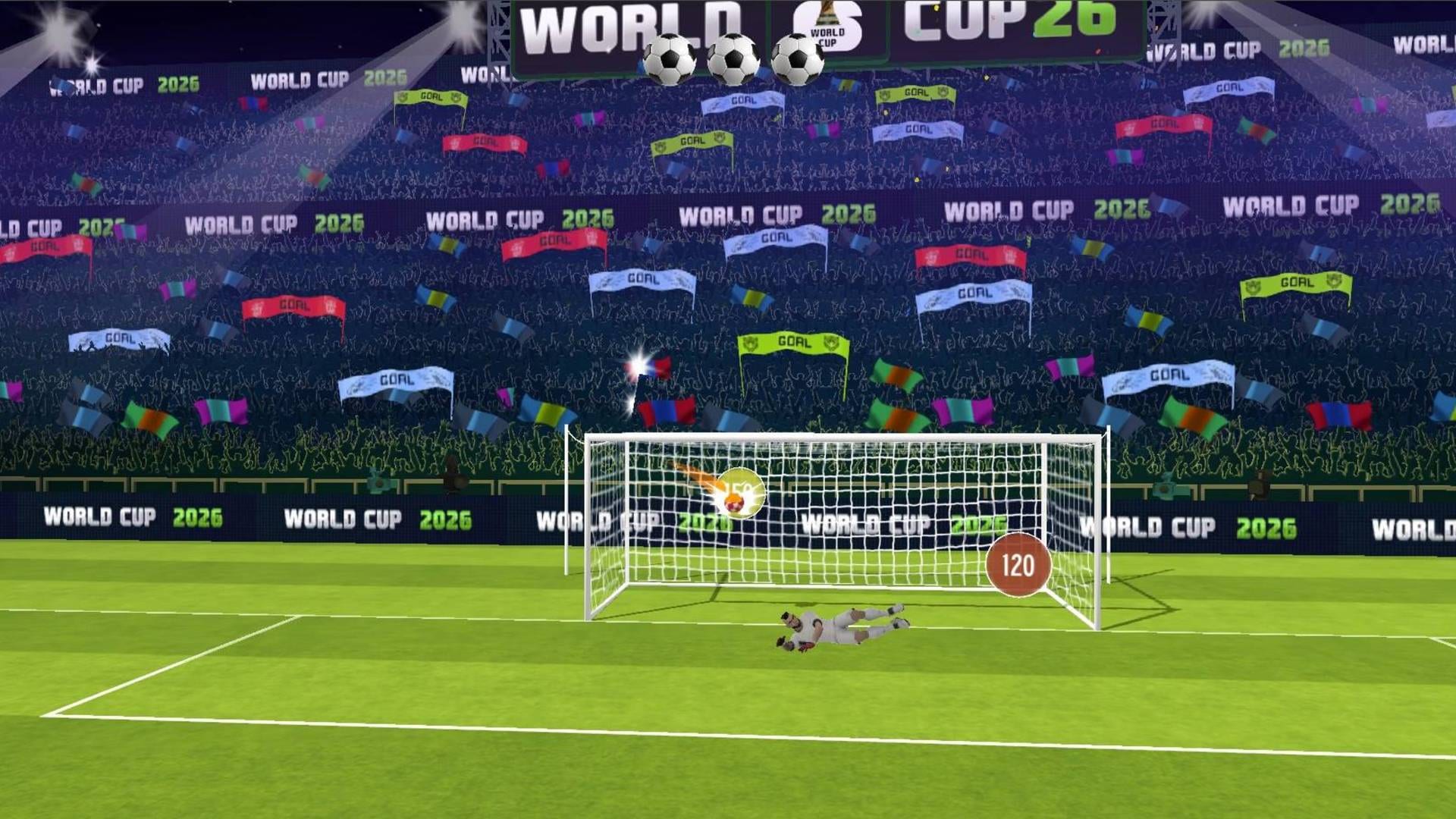 Penalty Shooter: Soccer Cup 2026 — Target Mode: a fiery power shot curling toward the bonus target zone inside the goal as the keeper dives