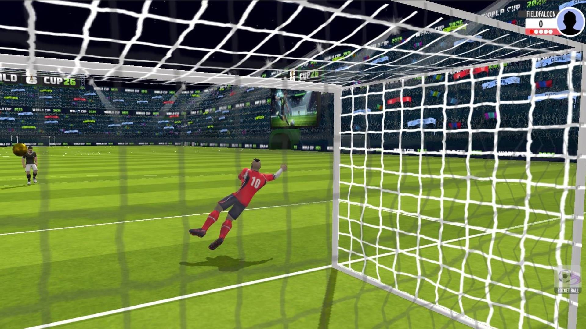 Penalty Shooter: Soccer Cup 2026 — dramatic in-net camera angle as the striker scores past the goalkeeper and slides into the net