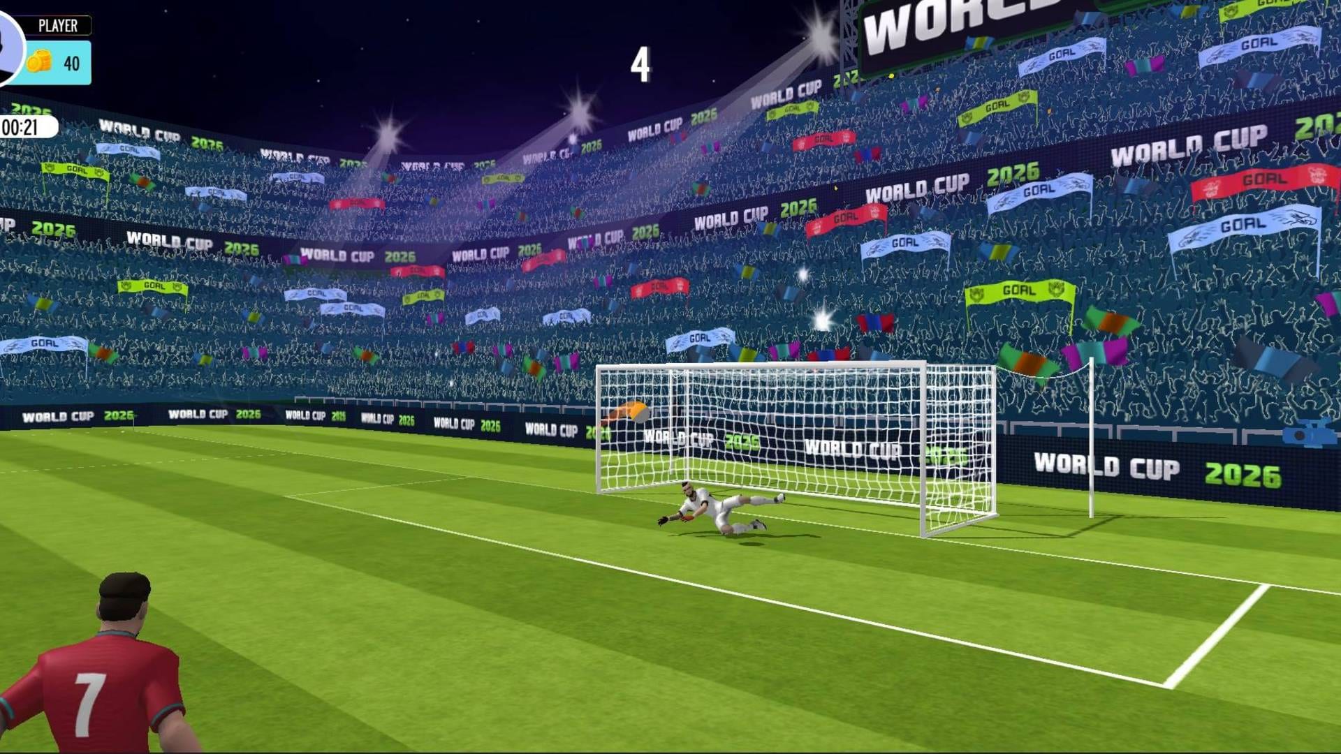 Penalty Shooter: Soccer Cup 2026 — side-on match action: firing the shot low as the goalkeeper dives full-stretch to save